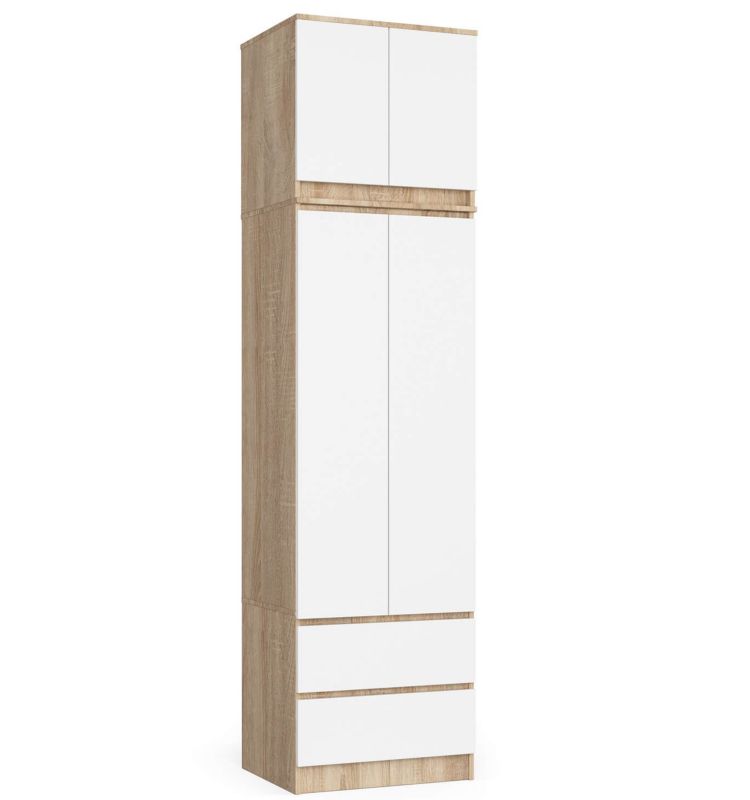 Szafa Akord S60 z nadstawką Dąb Sonoma 60 cm 2 drzwi 2 szuflady kolor Biały mat 3 półki 60x51x234 cm 1 szt.