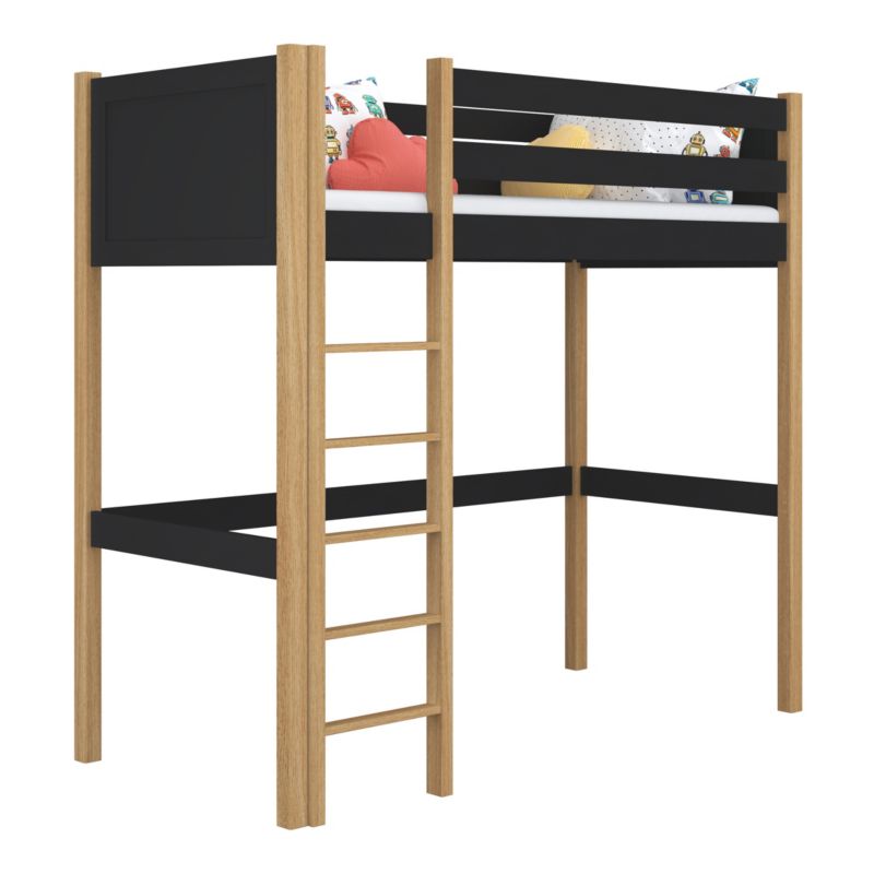 Drewniane łóżko na antresoli N-WOOD N06 90x190 czarny / dąb naturalny 1 szt.