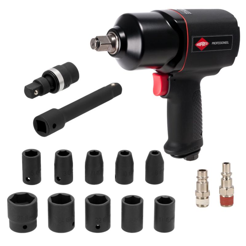 Klucz udarowy pneumatyczny Airpress 1/2" + nasadki udarowe (10 sztuk) - zestaw mechanika 1 szt.