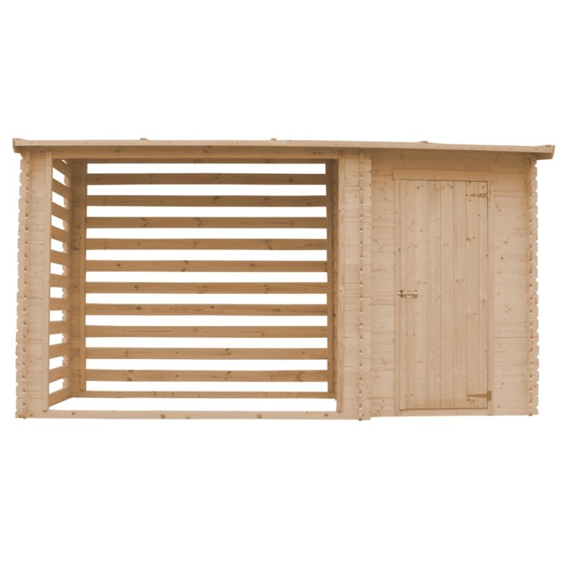 Drewniana szopa na drewno z narzędziem Timbela 2,54 m2+1,1 m2, drewno naturalne M205, grubość deski 19 mm, 1 szt.
