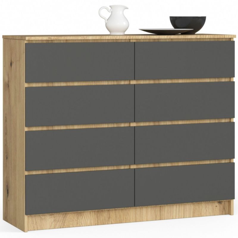 Komoda Akord K120 Dąb Artisan 120 cm 8 szuflad kolor Grafit Szary mat 120x40x99 cm 1 szt.