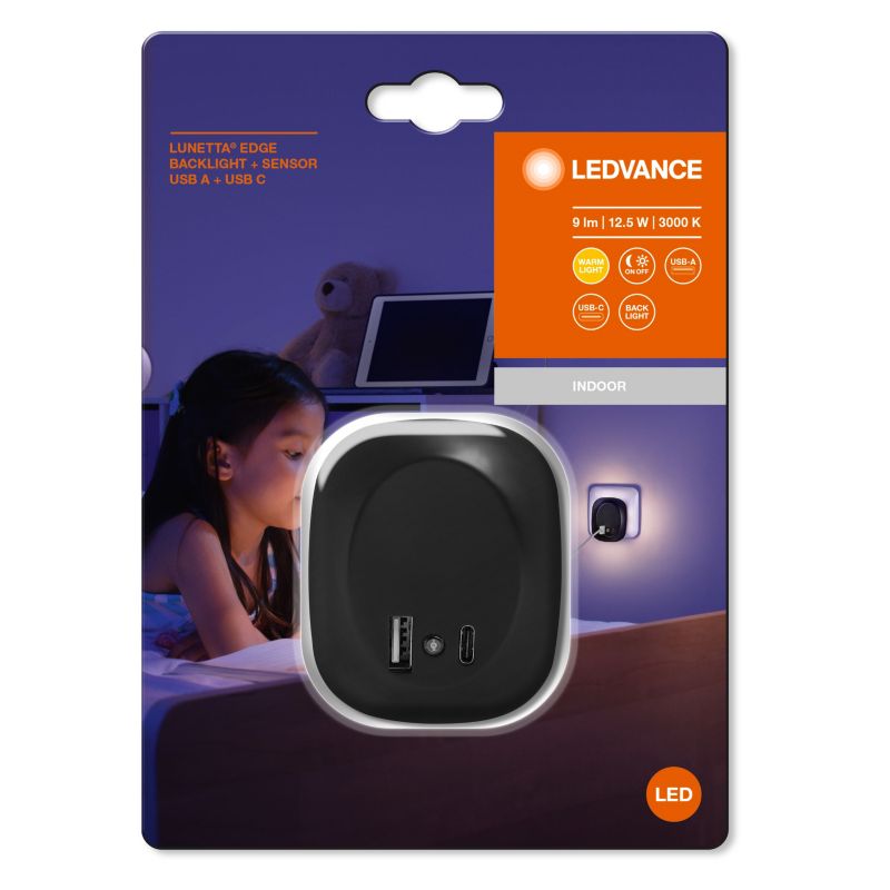 Lampka nocna Ledvance Lunetta Edge USB z czujnikiem czarna