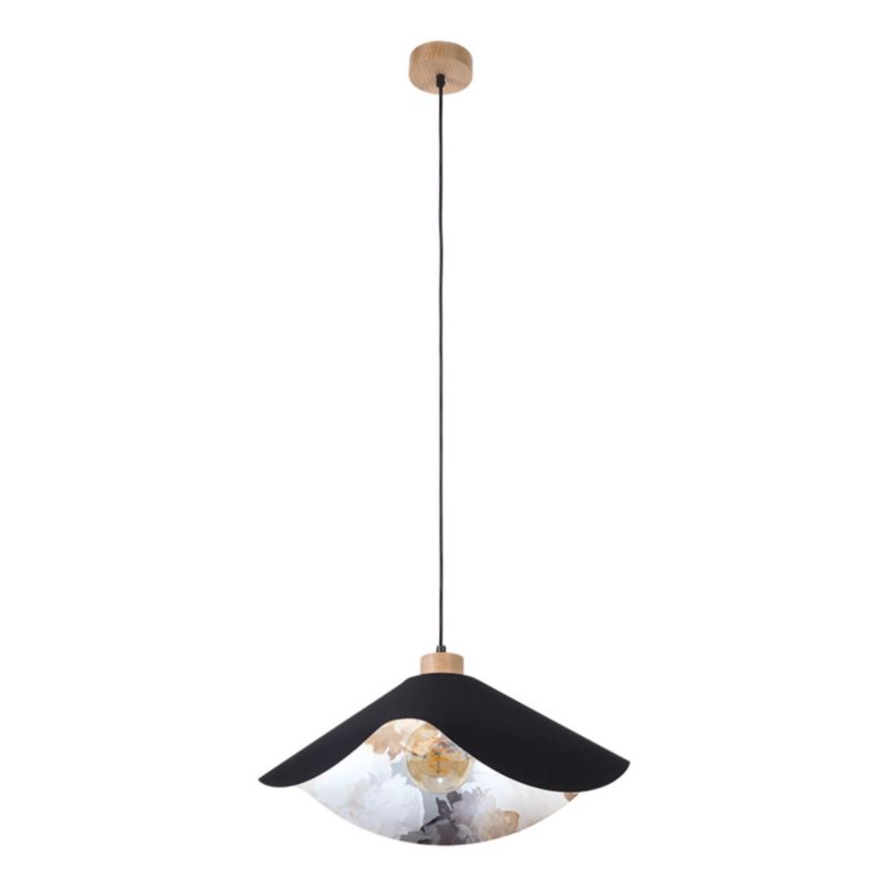 Drewniana Lampa Wisząca SPOT Light 1xE27 Max.40W Dąb Olejowany FSC z Czarnym Abażurem w Kwiatowy Wzór, 1 szt.