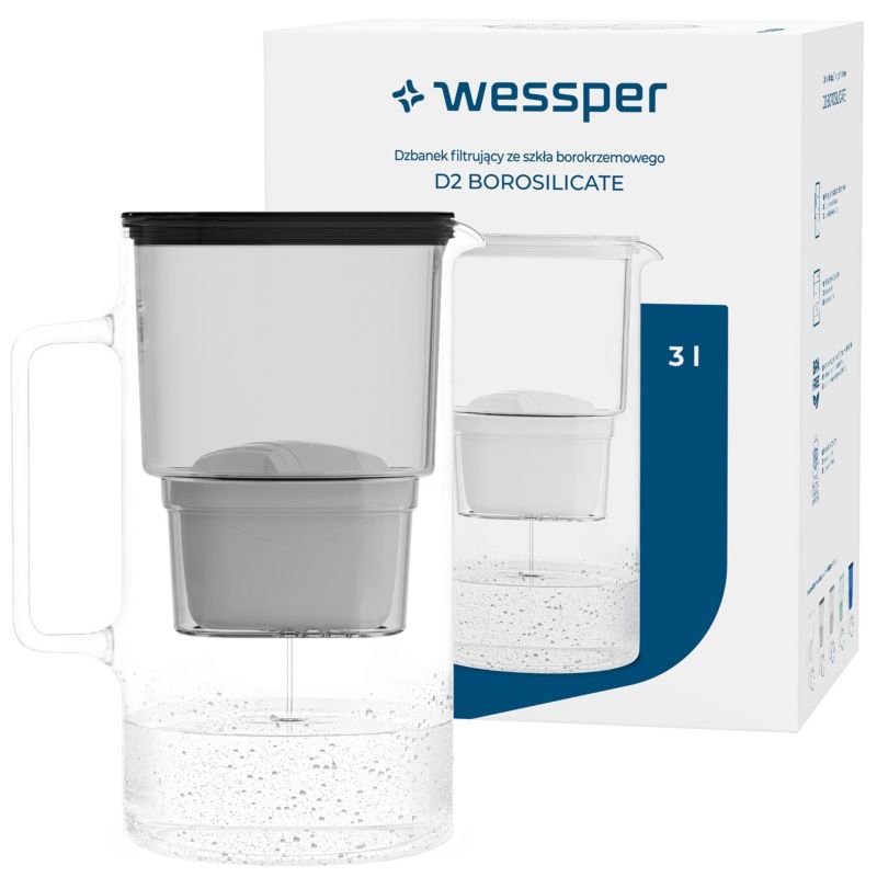 Dzbanek filtrujący wodę 3l, Wessper, szklany, czarny + 1 filtr do wody Wessper AquaMax, 2szt