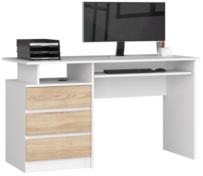 Biurko Akord CLP Białe 135 cm 3 szuflady kolor Dąb Sonoma mat 2 półki 135x60x77 cm 1 szt.