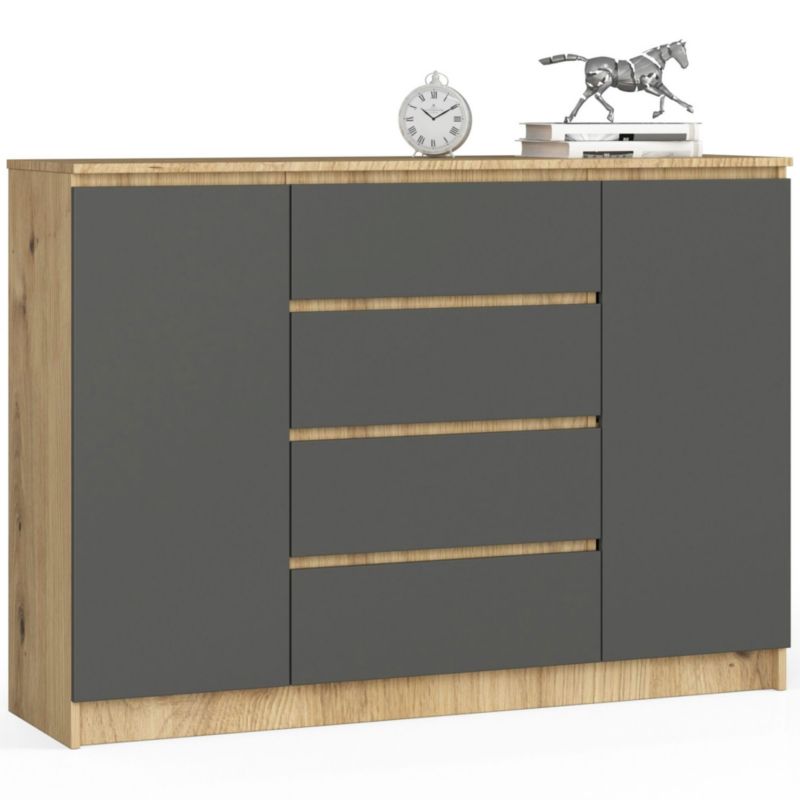 Komoda Akord K140 Dąb Artisan 138 cm 2 drzwi 4 szuflady kolor Grafit Szary mat 4 półki 138x40x99 cm 1 szt.