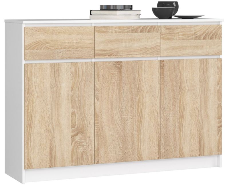 Komoda Akord K140 Biała 138 cm 3 drzwi 3 szuflady kolor Dąb Sonoma mat 6 półek 138x40x99 cm 1 szt.
