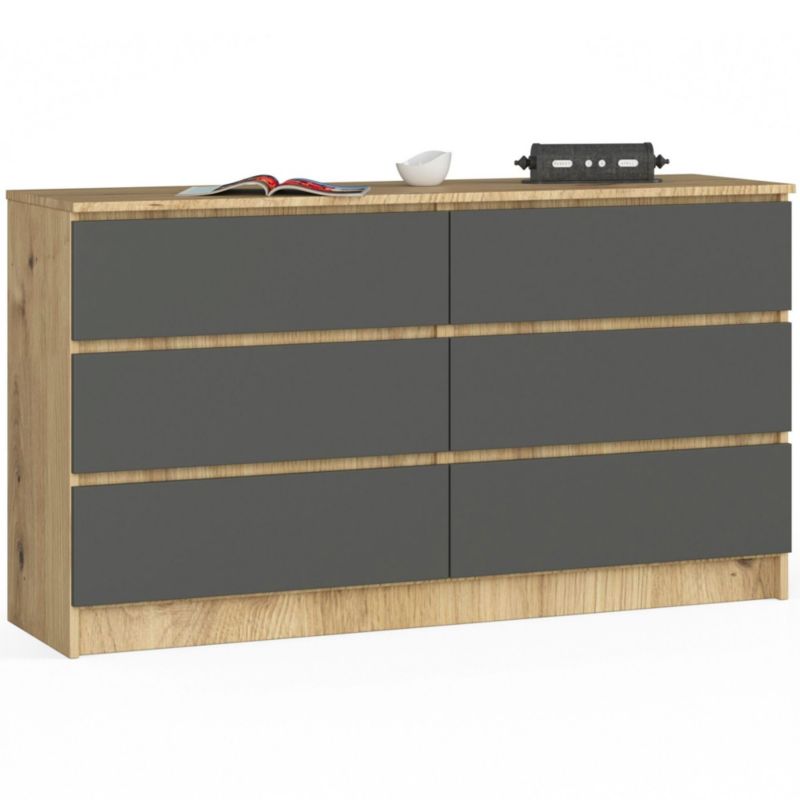 Komoda Akord K140 Dąb Artisan 138 cm 6 szuflad kolor Grafit Szary mat 138x40x77 cm 1 szt.