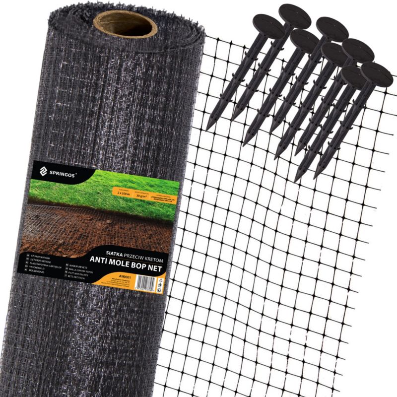 Siatka przeciw kretom nornicom Springos 2x50 m + kołki 50 szt. na gryzonie 30g/m2 1 kpl.