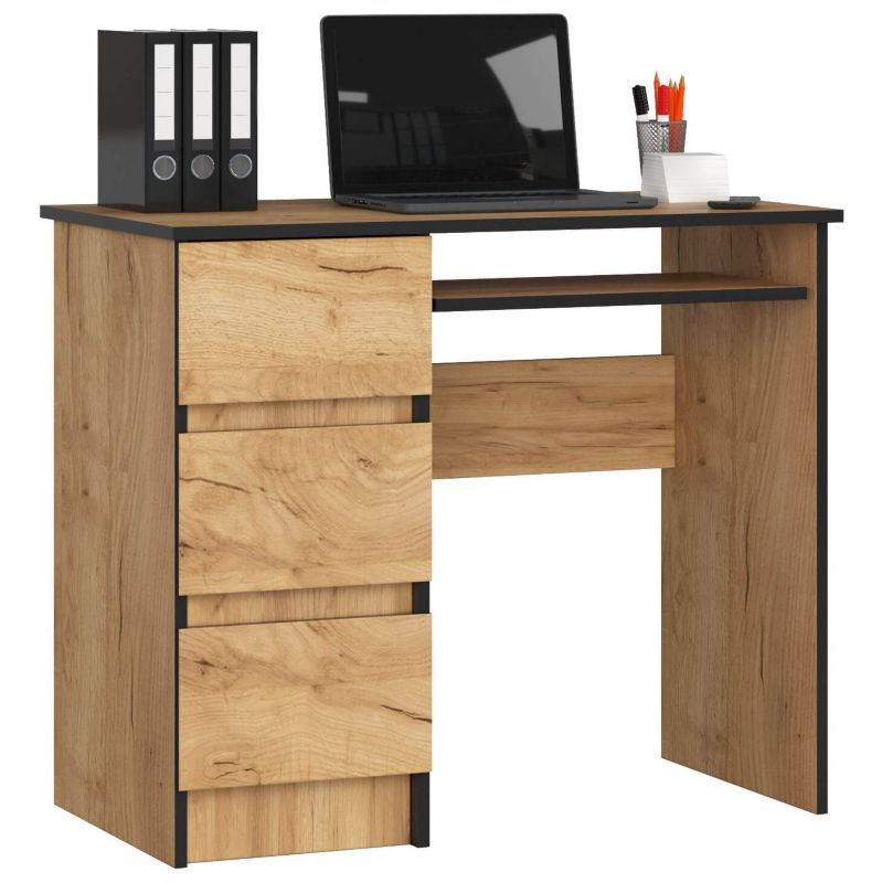 Biurko komputerowe Akord A6 Dąb Craft 90 cm lewe 3 szuflady kolor Dąb Craft mat 1 półka 90x50x77 cm 1 szt.