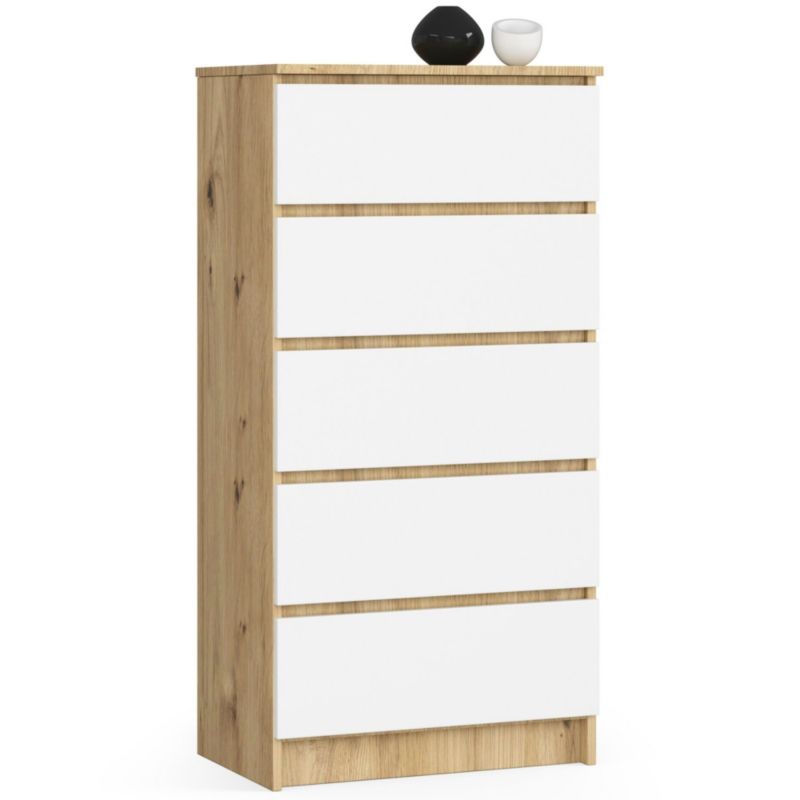 Komoda Akord K60 Dąb Artisan 60 cm 5 szuflad kolor Biały mat 60x40x121 cm 1 szt.