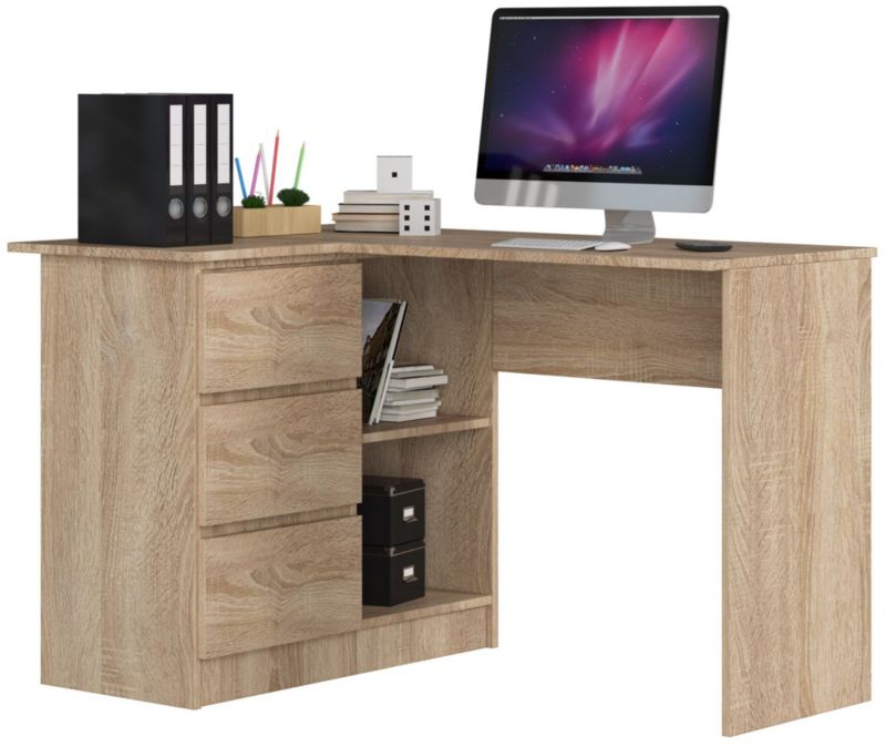 Biurko narożne Akord B16 Dąb Sonoma 124 cm lewe 3 szuflady kolor Dąb Sonoma mat 2 półki 124x85x77 cm 1 szt.