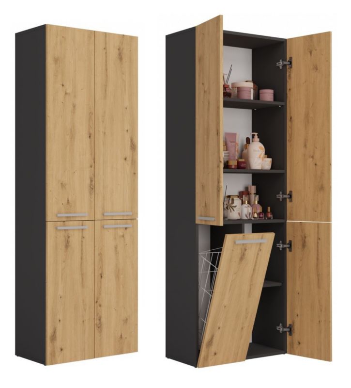 Szafka Łazienkowa Topeshop Regał Słupek Nel DD 1K Kosz Antracyt Dąb Artisan 30x60x174 cm 1 szt.
