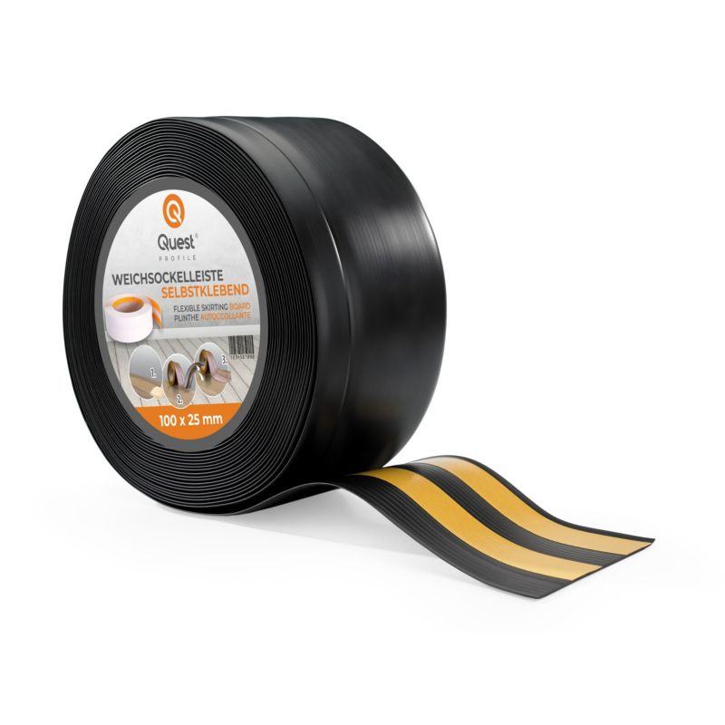 Listwa przypodłogowa PCV 100x25mm, QUEST, samoprzylepna elastyczna, miękka listwa podłogowa, cokołowa, czarny, 25m