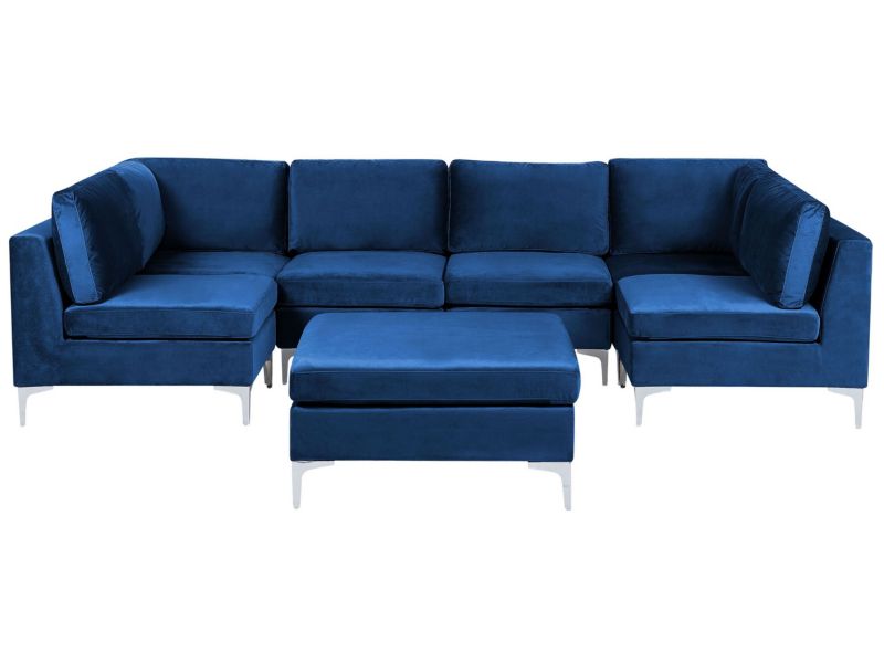 Sofa modułowa 6-osobowa z otomaną welurowa niebieska Evja kpl