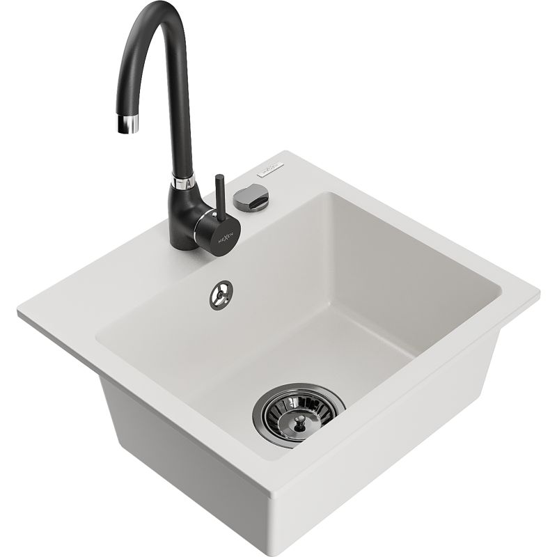 Zlewozmywak granitowy 1-komorowy Mexen Milo z baterią kuchenną Telma biały 6505-20-670200-70 1 szt.