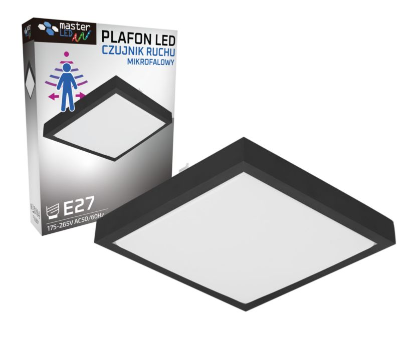 Plafon MasterLED Solen 2xE27 IP44 z czujnikiem ruchu DIP Kwadratowy Czarny 1 szt.