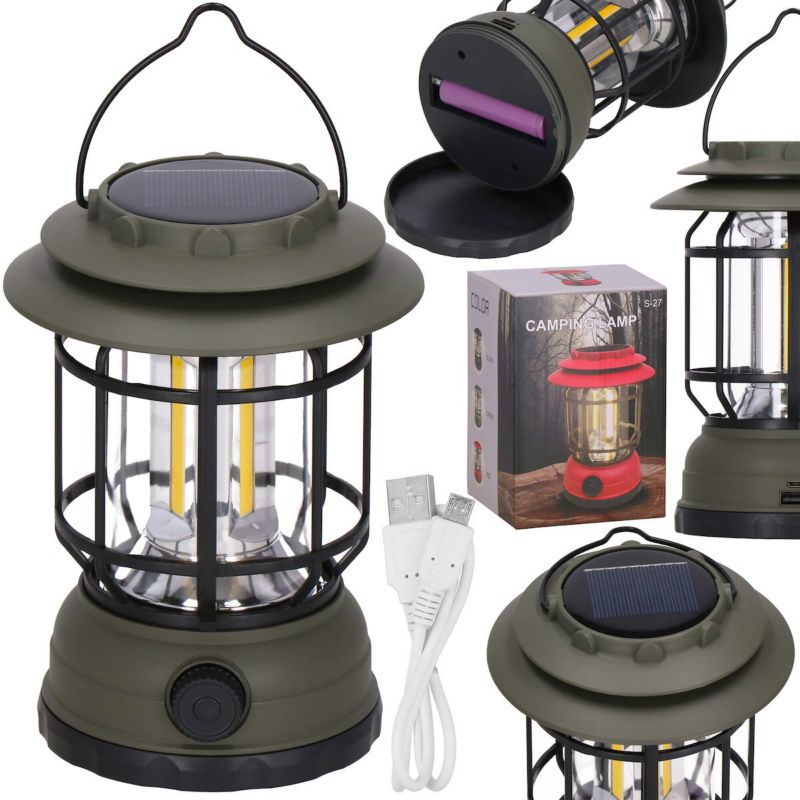 Lampa solarna na kemping, biawak Springos w stylu retro LED COB z regulacją jasności 1 szt.