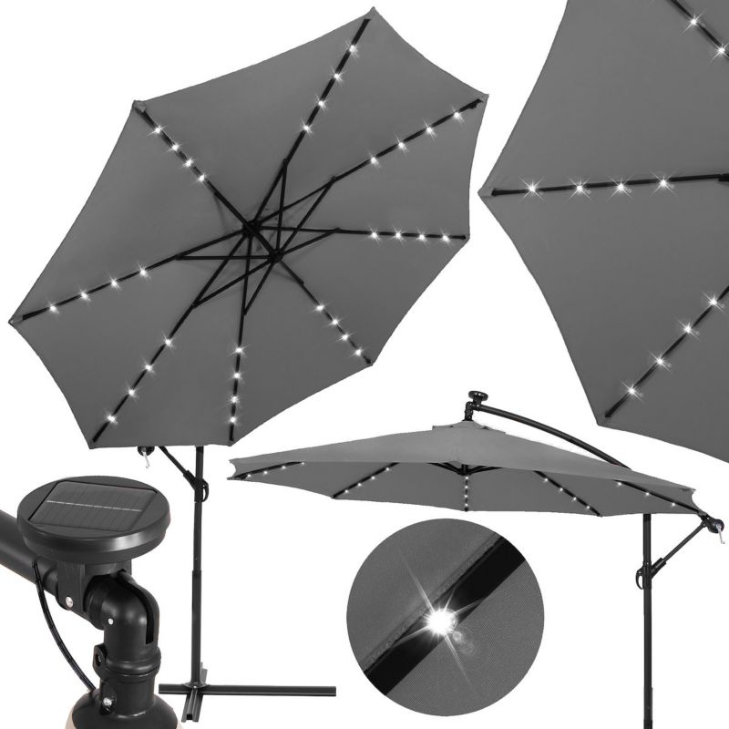 Parasol ogrodowy Springos z oświetleniem LED 300 cm na wysięgniku składany z korbką grafitowy 1 szt.