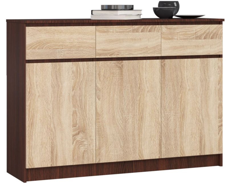 Komoda Akord K140 Wenge 138 cm 3 drzwi 3 szuflady kolor Dąb Sonoma mat 6 półek 138x40x99 cm 1 szt.