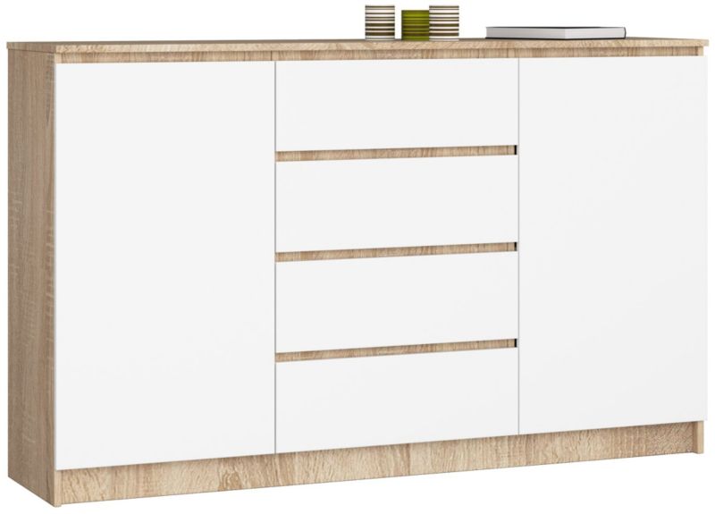 Komoda Akord K160 Dąb Sonoma 160 cm 2 drzwi 4 szuflady kolor Biały mat 4 półki 160x40x99 cm 1 szt.