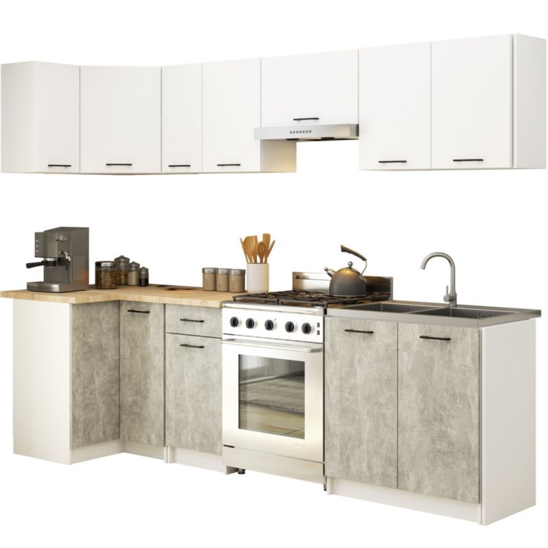 Zestaw kuchenny narożny Oliwia 3.0m Biały 300 cm 11 drzwi 1 szuflada kolor Beton mat 16 półek 300x46x203 cm 1 zestaw