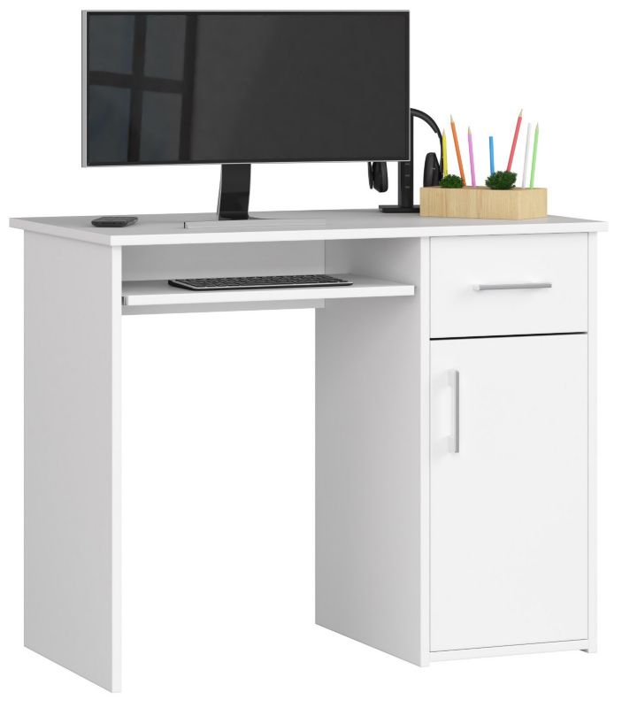 Biurko Akord Pin Białe 90 cm biurko komputerowe 1 drzwi 1 szuflada kolor Biały mat 3 półki 90x50x74 cm 1 szt.
