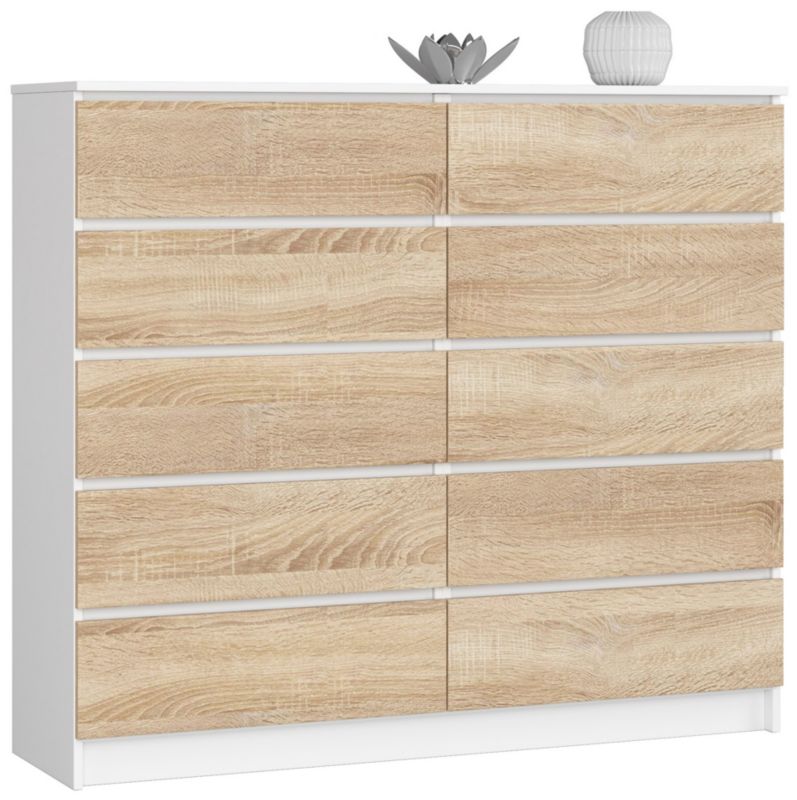 Komoda Akord K140 Biała 138 cm 10 szuflad kolor Dąb Sonoma mat 138x40x121 cm 1 szt.