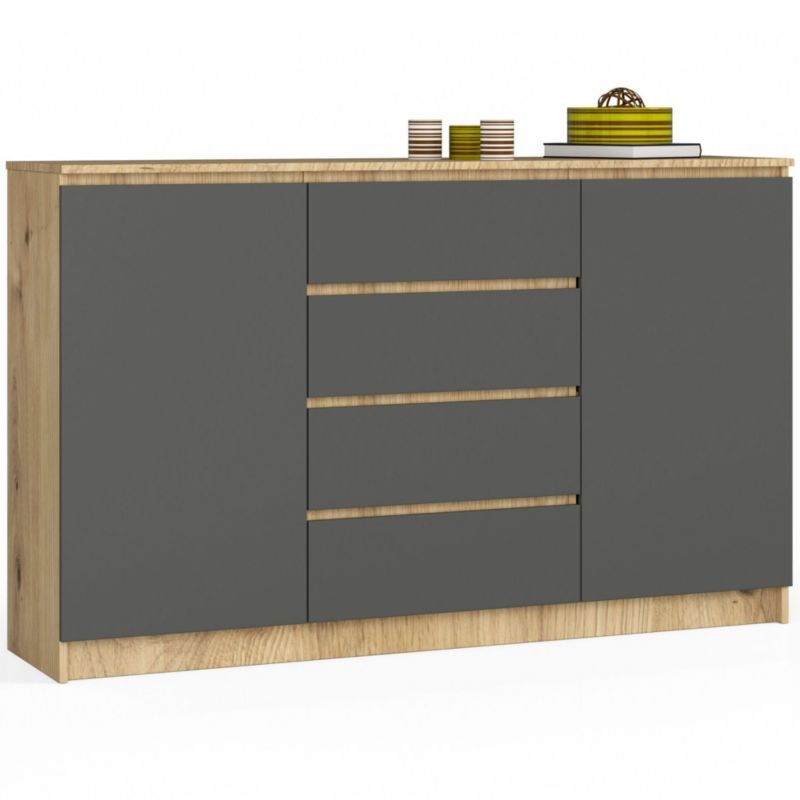 Komoda Akord K160 Dąb Artisan 160 cm 2 drzwi 4 szuflady kolor Grafit Szary mat 4 półki 160x40x99 cm 1 szt.