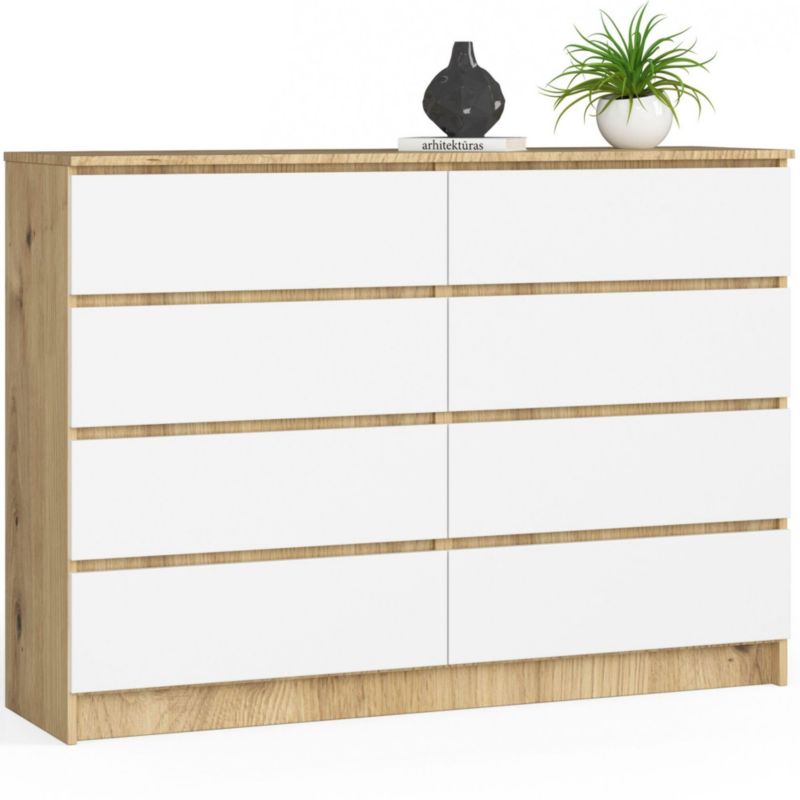 Komoda Akord K140 Dąb Artisan 138 cm 8 szuflad kolor Biały mat 138x40x99 cm 1 szt.