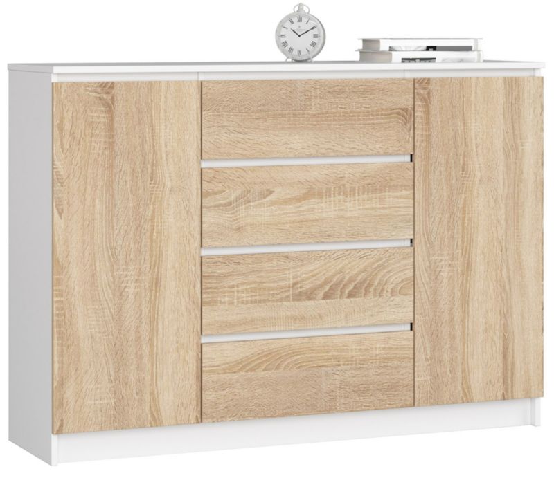 Komoda Akord K140 Biała 138 cm 2 drzwi 4 szuflady kolor Dąb Sonoma mat 4 półki 138x40x99 cm 1 szt.