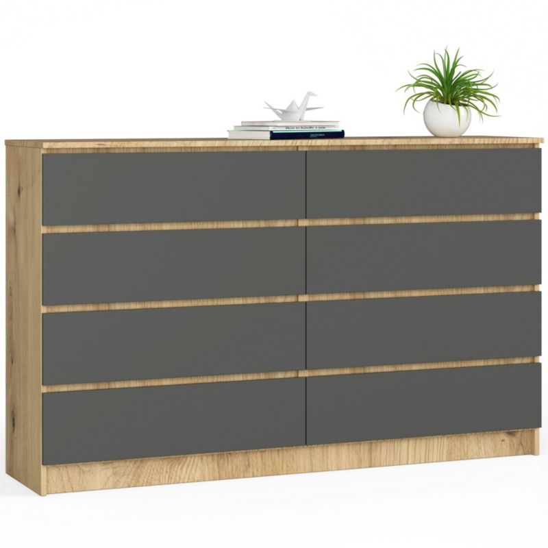 Komoda Akord K160 Dąb Artisan 160 cm 8 szuflad kolor Grafit Szary mat 160x40x99 cm 1 szt.