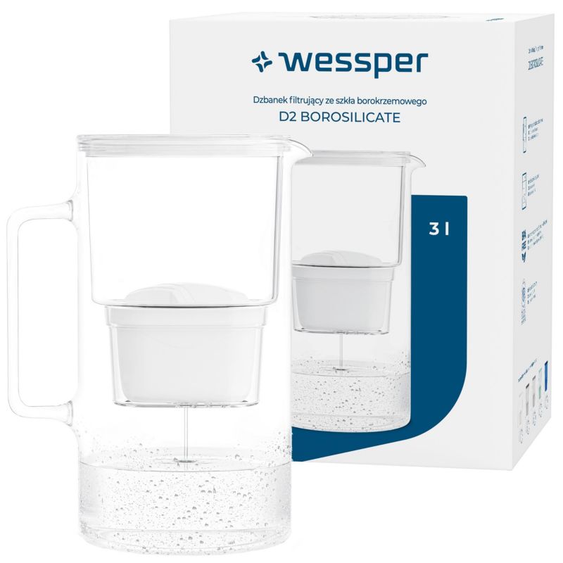 Dzbanek filtrujący wodę 3l, Wessper, szklany, biały + 1 filtr do wody Wessper AquaMax, 2szt