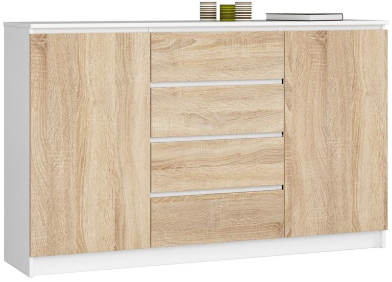 Komoda Akord K160 Biała 160 cm 2 drzwi 4 szuflady kolor Dąb Sonoma mat 4 półki 160x40x99 cm 1 szt.