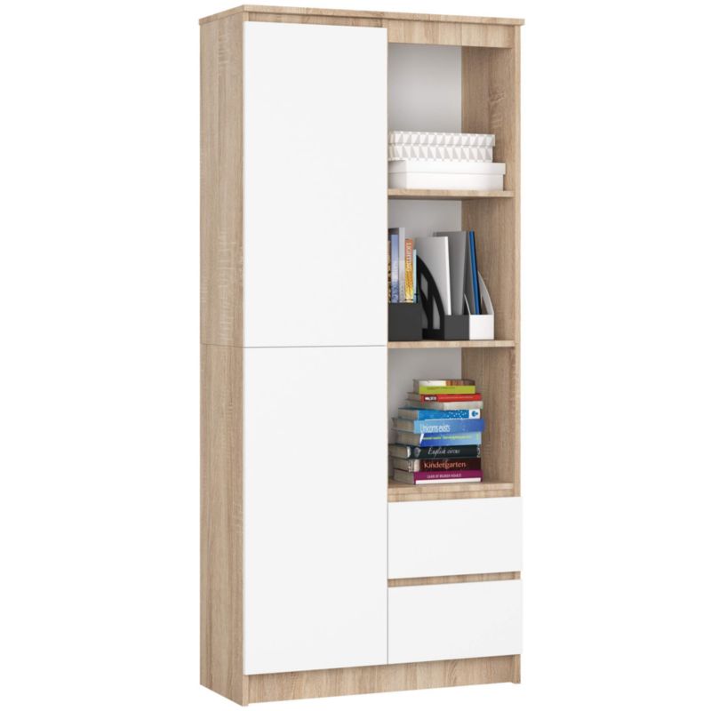 Regał Akord R11 Dąb Sonoma 80 cm 1 drzwi 2 szuflady kolor Biały mat 7 półek 80x35x180 cm 1 szt.
