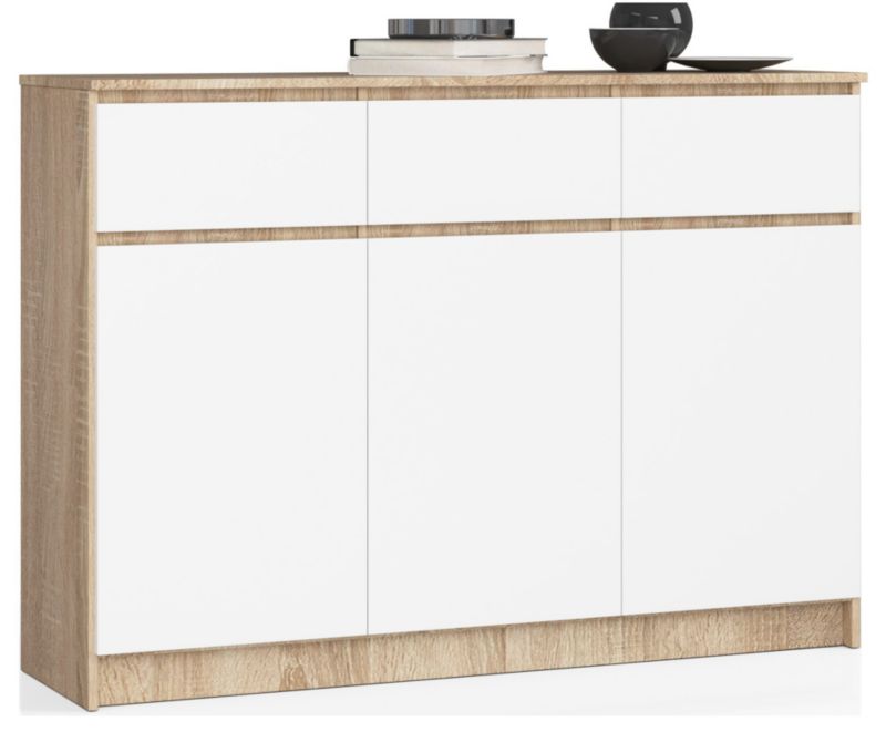Komoda Akord K140 Dąb Sonoma 138 cm 3 drzwi 3 szuflady kolor Biały mat 6 półek 138x40x99 cm 1 szt.