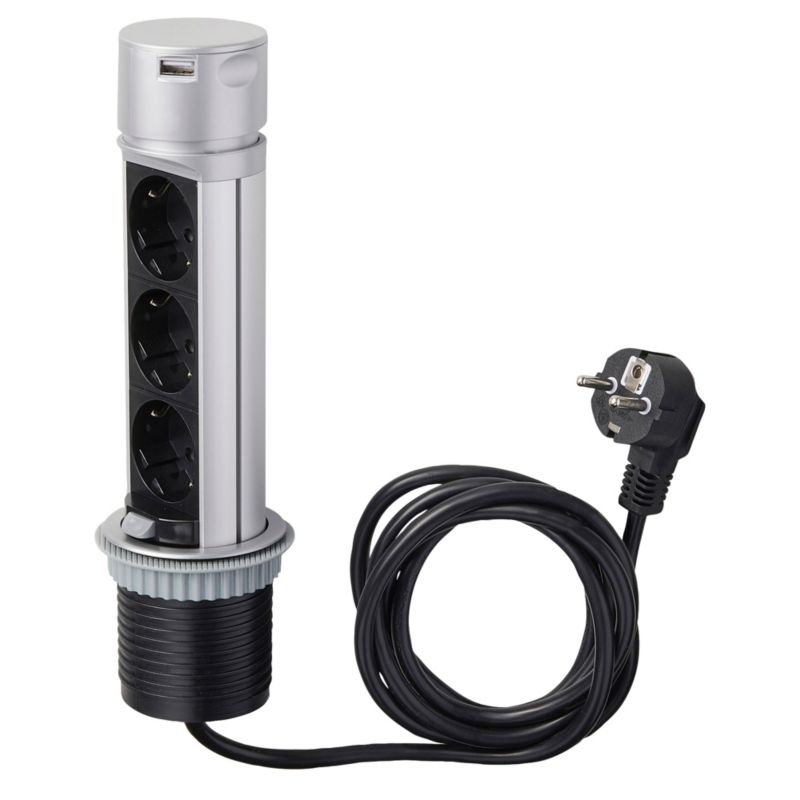 Listwa wysuwana Otio 60 mm 3 gniazda z uziemieniem 16 A 2 USB 3 x 1,5 mm2 2 m