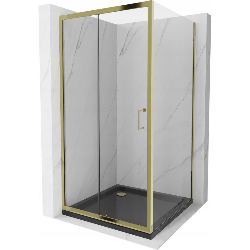 Kabina prysznicowa Mexen Apia rozsuwana 100 x 100 cm transparent złota + brodzik Flat czarny