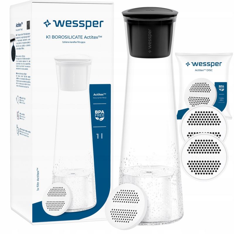 Karafka filtrująca, Wessper, z 3 filtrami wymiennymi, 1L, na wodę i napoje, czarna, 4szt