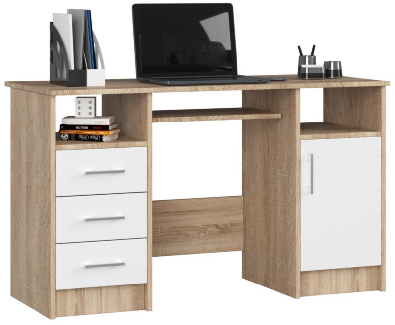Biurko Akord Ana Dąb Sonoma 124 cm biurko komputerowe 1 drzwi 3 szuflady kolor Biały mat 5 półek 124x52x74 cm 1 szt.