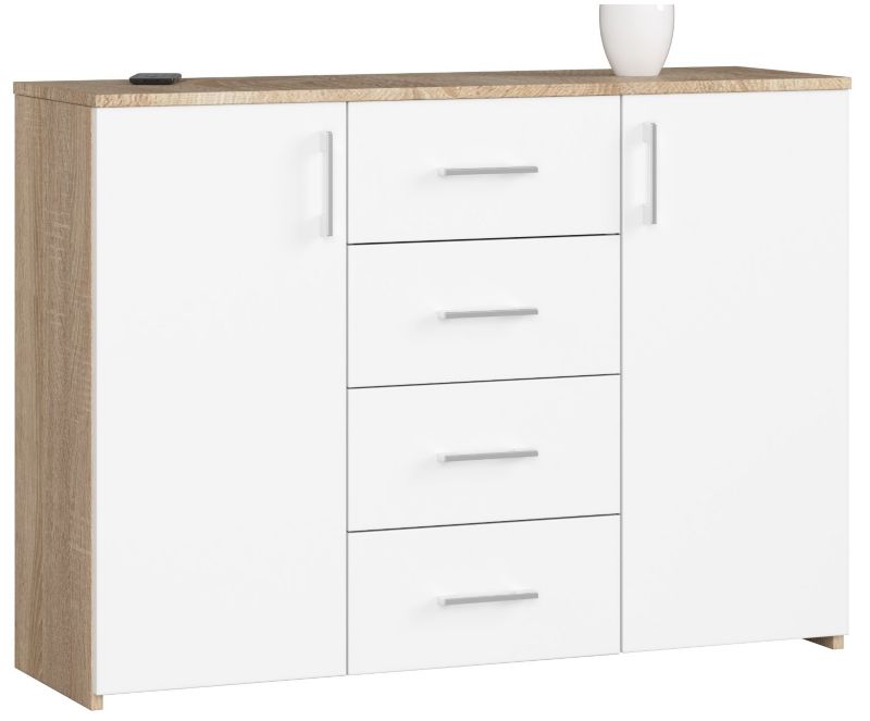 Komoda Akord K45 Dąb Sonoma 110 cm 2 drzwi 4 szuflady kolor Biały mat 4 półki 110x35x80 cm 1 szt.