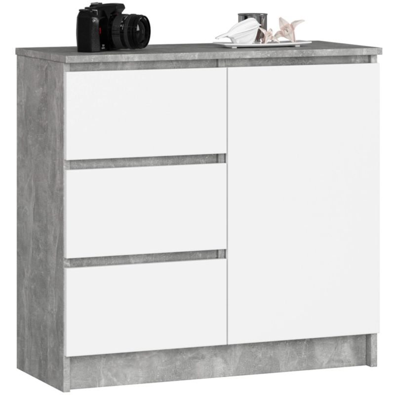 Komoda Akord Jerry Szary Beton 80 cm 1 drzwi 3 szuflady kolor Biały mat 2 półki 80x35x77 cm 1 szt.