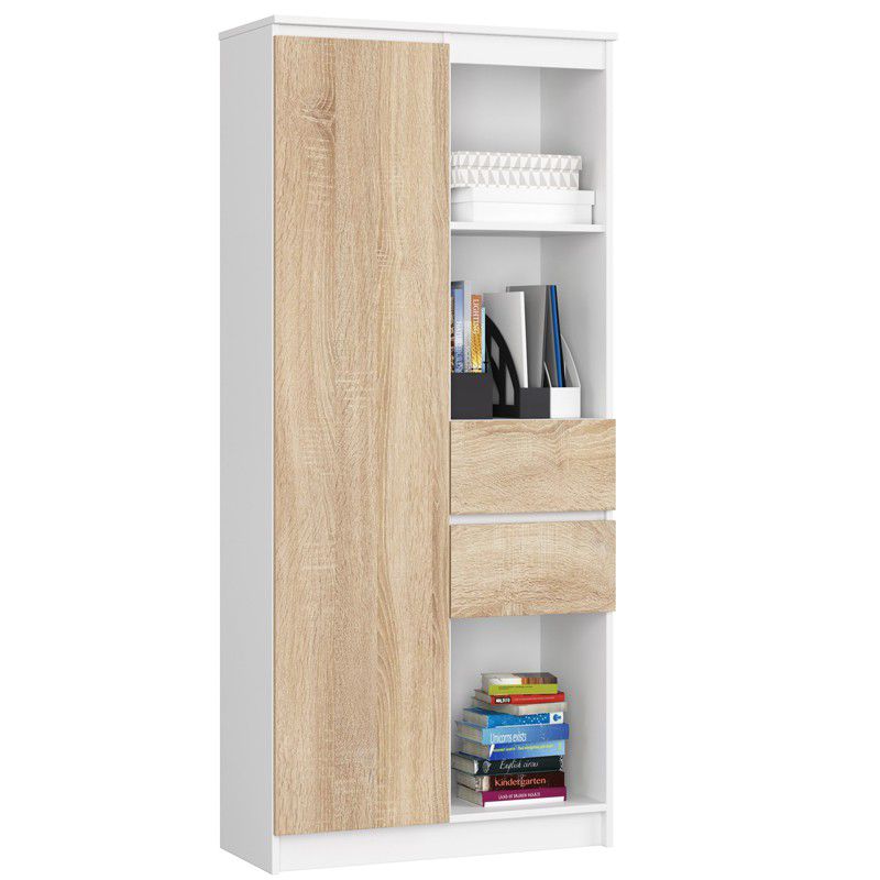 Regał Akord R15 Biały 80 cm 1 drzwi 2 szuflady kolor Dąb Sonoma mat 7 półek 80x35x180 cm 1 szt.