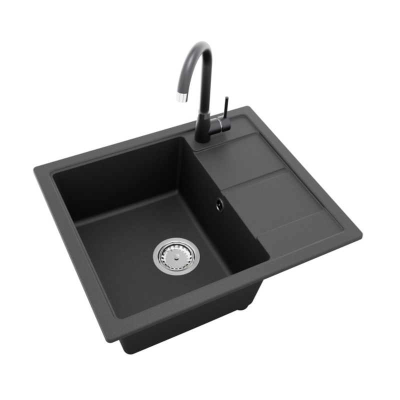 Zlewozmywak granitowy GranMaster, Horizon 50x59x20,3cm czarny metalik z baterią, syfonem oraz impregnatem 1szt.