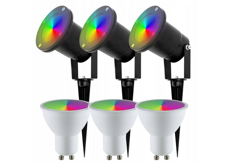Reflektor ogrodowy EDO wbijany LED HORTUS GU10 + Żarówka RUVA Smart WiFi RGB+CCT LED 4,8W GU10 2700K-6500K 400lm 3 szt.