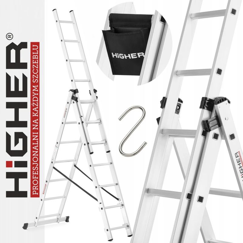 Drabina aluminiowa wielofunkcyjna z opcją ustawienia na schodach 3x7 HIGHER ML-607 + torba i hak 1szt.