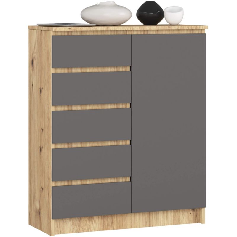 Komoda Akord K80 Dąb Artisan 80 cm 1 drzwi 5 szuflad kolor Grafit Szary mat 3 półki 80x35x97 cm 1 szt.