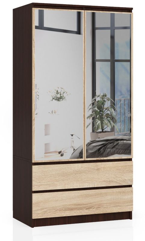 Szafa Akord S90 Wenge 90 cm z lustrem 2 drzwi 2 szuflady kolor Dąb Sonoma mat 4 półki 90x51x180 cm 1 szt.