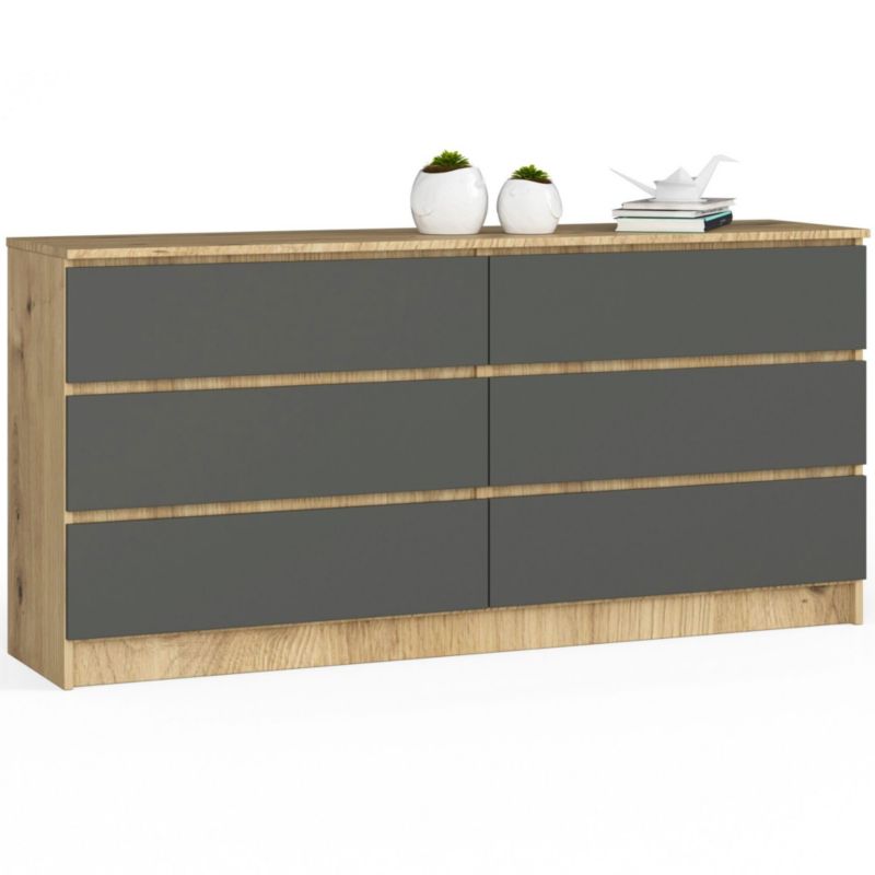 Komoda Akord K160 Dąb Artisan 160 cm 6 szuflad kolor Grafit Szary mat 160x40x77 cm 1 szt.