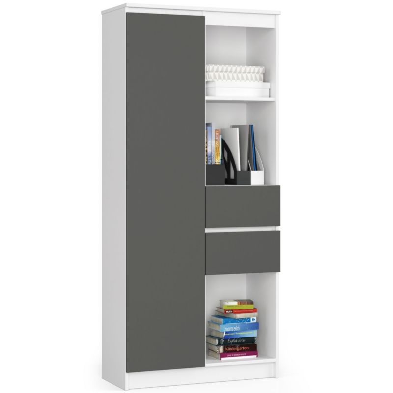 Regał Akord R15 Biały 80 cm 1 drzwi 2 szuflady kolor Grafit Szary mat 7 półek 80x35x180 cm 1 szt.